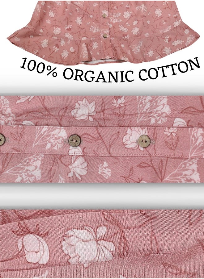 LoryLux Girls Algae Floral Print Skirt – Soft Eco-Friendly Viscose, Stylish Button-Down Ruffle Hem, Elastic Waistband (Pink)
