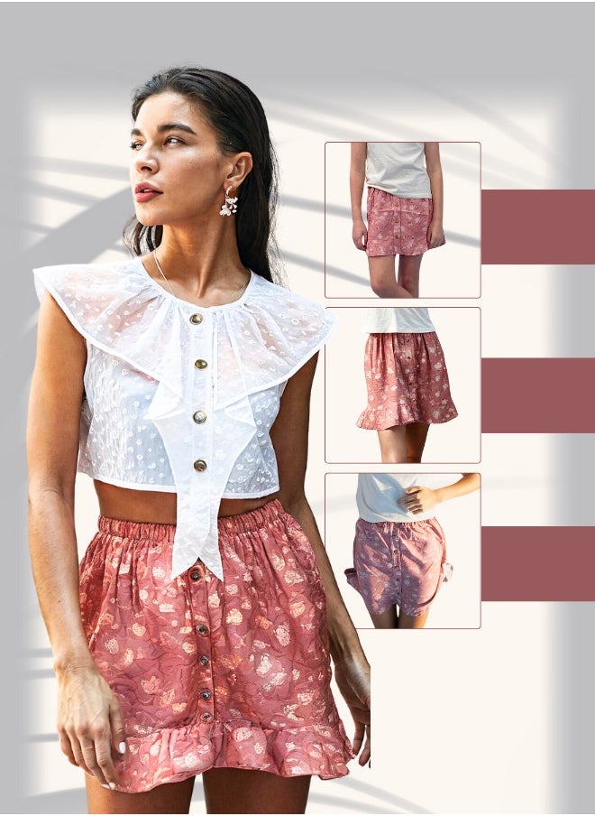LoryLux Girls Algae Floral Print Skirt – Soft Eco-Friendly Viscose, Stylish Button-Down Ruffle Hem, Elastic Waistband (Pink)