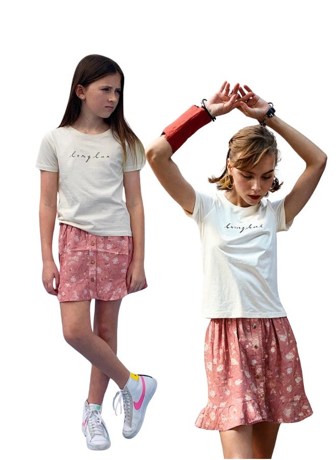 LoryLux Girls Algae Floral Print Skirt – Soft Eco-Friendly Viscose, Stylish Button-Down Ruffle Hem, Elastic Waistband (Pink)