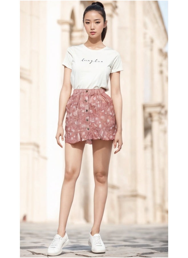 LoryLux Girls Algae Floral Print Skirt – Soft Eco-Friendly Viscose, Stylish Button-Down Ruffle Hem, Elastic Waistband (Pink)