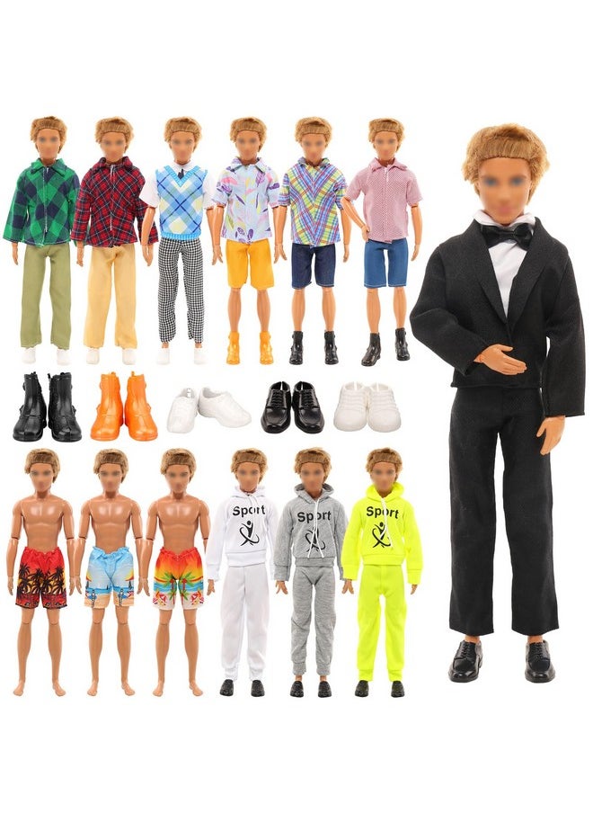 10 Pcs Fashion Pack For 12 Inch Boy Dolls - 5 Sets Casual Wear Clothes Outfit With 5 Shoes For Boy Doll (Black Suit + Casual Wear Clothes + Tracksuit + Swimwear) Random Style