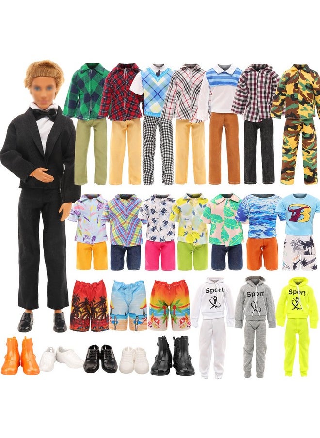 10 Pcs Fashion Pack For 12 Inch Boy Dolls - 5 Sets Casual Wear Clothes Outfit With 5 Shoes For Boy Doll (Black Suit + Casual Wear Clothes + Tracksuit + Swimwear) Random Style