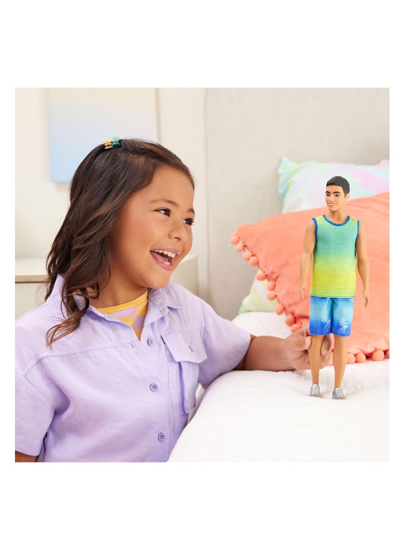 ​Barbie Fashionistas Ken Doll With Black Hair, Wearing Blue And Green Ombre Tank With Jean Shorts And Silver Sneakers