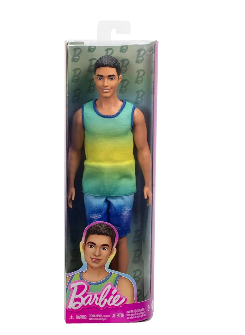 ​Barbie Fashionistas Ken Doll With Black Hair, Wearing Blue And Green Ombre Tank With Jean Shorts And Silver Sneakers
