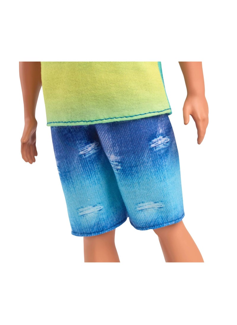 ​Barbie Fashionistas Ken Doll With Black Hair, Wearing Blue And Green Ombre Tank With Jean Shorts And Silver Sneakers