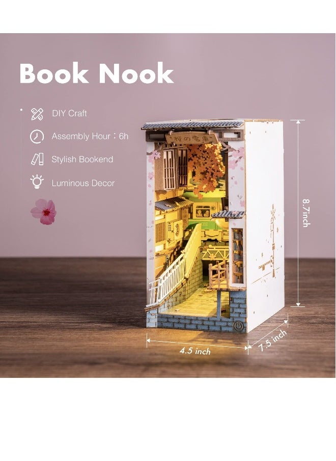 DIY Book Nook Kit, 3D Wooden Puzzle, DIY Dollhouse Booknook Bookshelf Insert Decor with LED, DIY Bookend, Diorama Miniature Kit Crafts Hobbies Gifts for Adults/Teens (Sakura City)