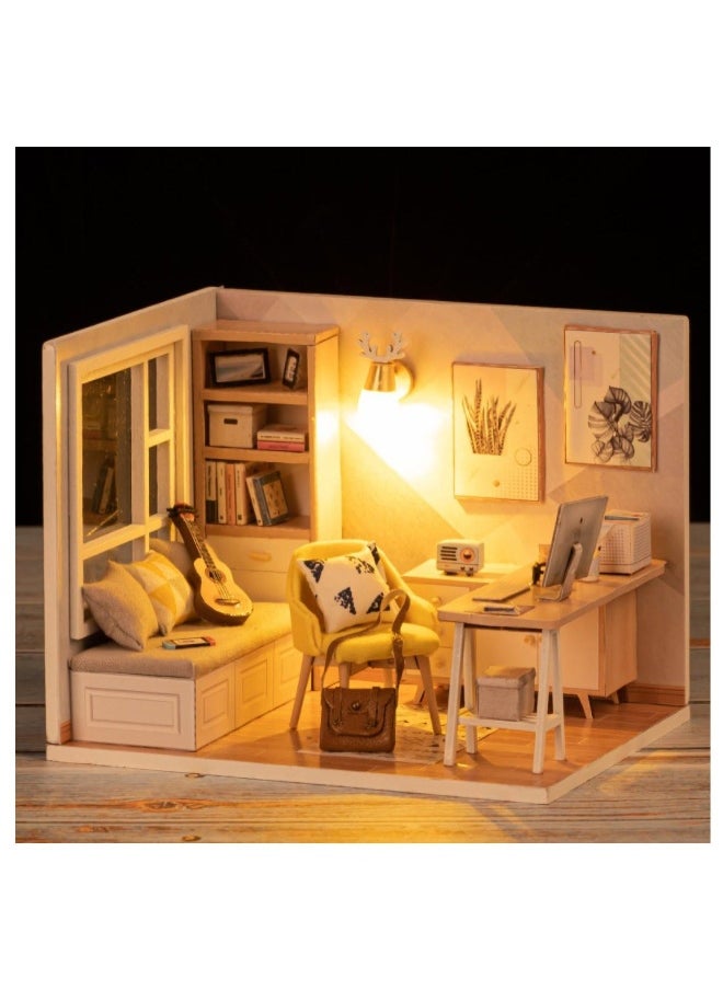 DIY Miniature Dollhouse Kit,  1:32 Scale Creative Room Mini Wooden Doll House with Furniture Plus Dust Proof for Kids Teens Adults Assemble the Model (Sunshine Study Room)