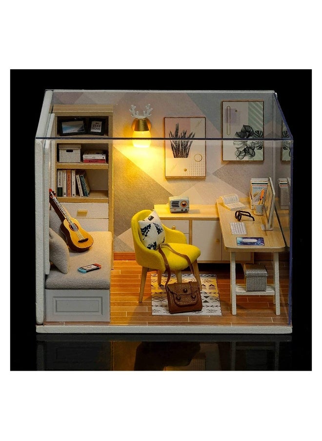 DIY Miniature Dollhouse Kit,  1:32 Scale Creative Room Mini Wooden Doll House with Furniture Plus Dust Proof for Kids Teens Adults Assemble the Model (Sunshine Study Room)