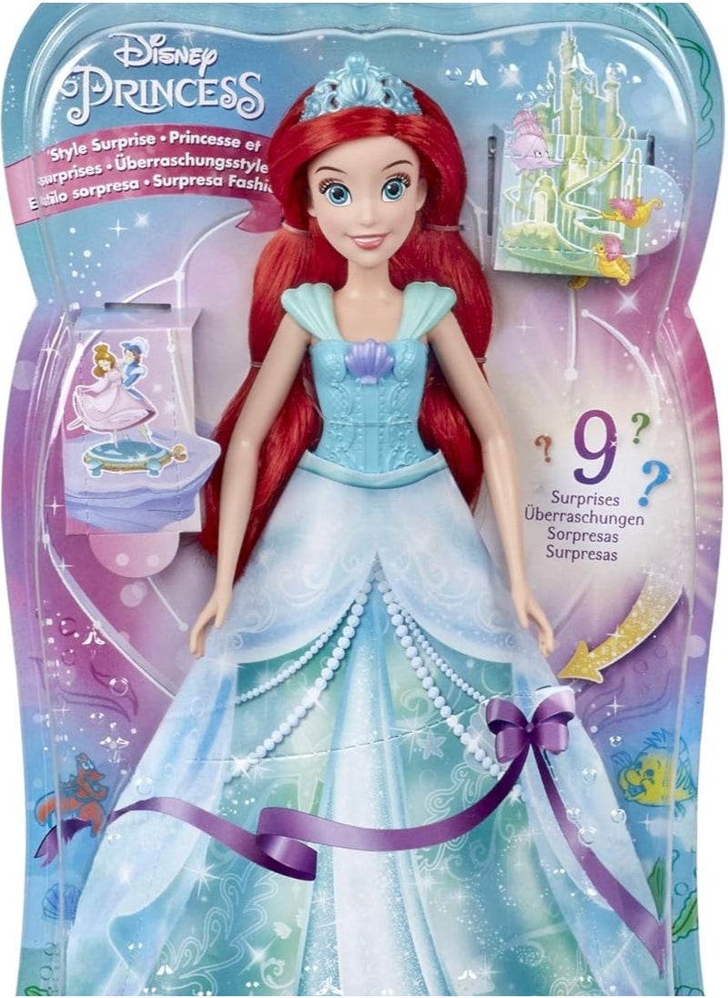 Disney Princess Style Surprise Ariel Fashion Doll with 10 Fashions and Accessories, Hidden Surprises Toy for Girls 3 Years Old and Up