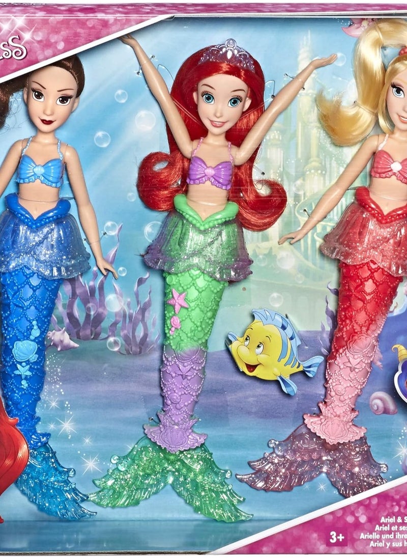 Disney Princess Ariel & Sisters Fashion Dolls, 3 Pack of Mermaid Dolls with Skirts & Hair Accessories, Toy for 3 Year Olds & Up