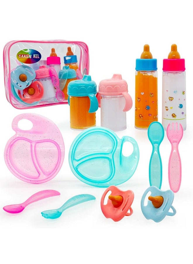 Baby Doll Accessories Magic Bottle Set Magic Disappearing Milk Juice Bottles Sippy Cups With Pacifiers Bowl Spoons, Doll Bottle Toys Feeding Pretend Playset For Kids Girls Ages 3+ (Middle Set(12Pcs))