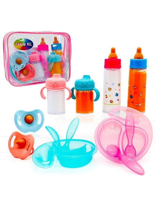 Baby Doll Accessories Magic Bottle Set Magic Disappearing Milk Juice Bottles Sippy Cups With Pacifiers Bowl Spoons, Doll Bottle Toys Feeding Pretend Playset For Kids Girls Ages 3+ (Middle Set(12Pcs))