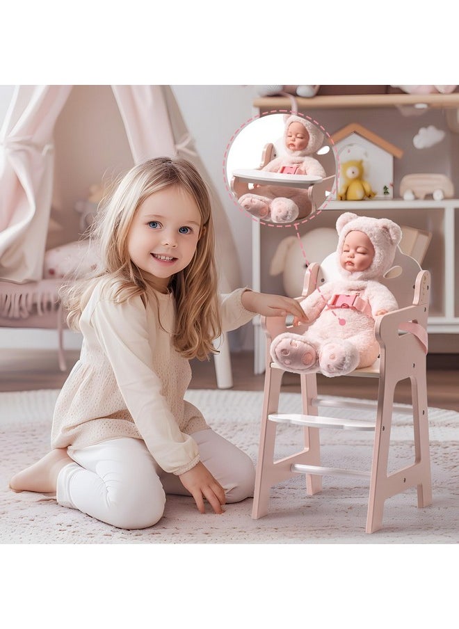 Baby Doll High Chair, Pretend Play High Chair With Seat Belt, Pink Wooden Baby Doll Accessories With Movable Tabletop, Fits 18-20 Inch Dolls