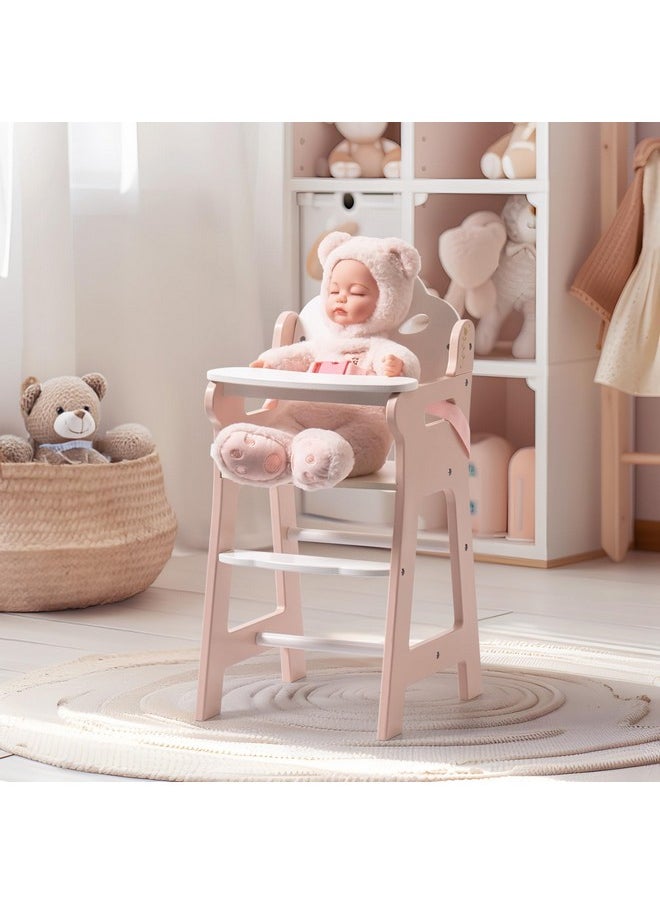 Baby Doll High Chair, Pretend Play High Chair With Seat Belt, Pink Wooden Baby Doll Accessories With Movable Tabletop, Fits 18-20 Inch Dolls