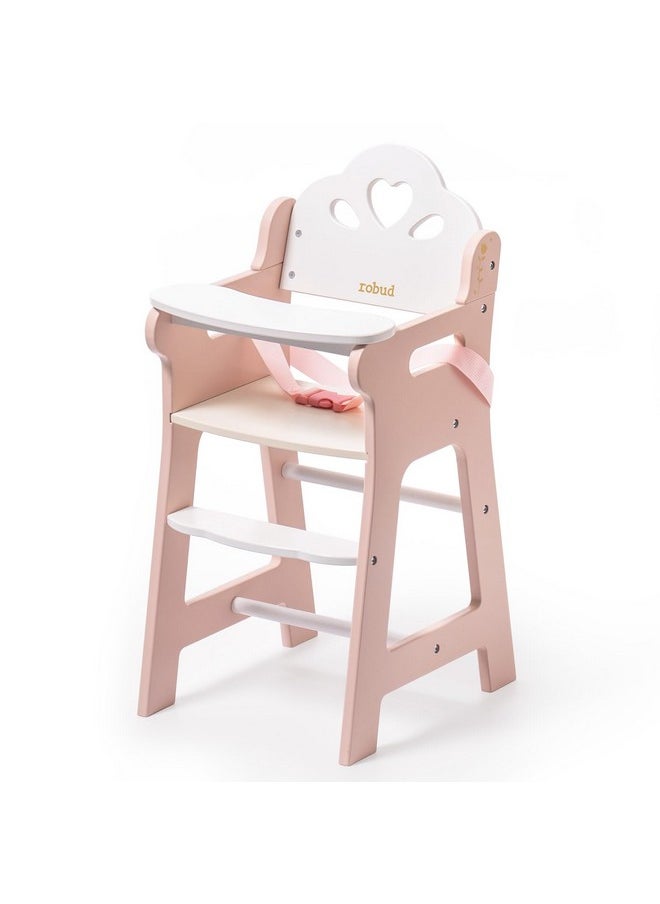 Baby Doll High Chair, Pretend Play High Chair With Seat Belt, Pink Wooden Baby Doll Accessories With Movable Tabletop, Fits 18-20 Inch Dolls