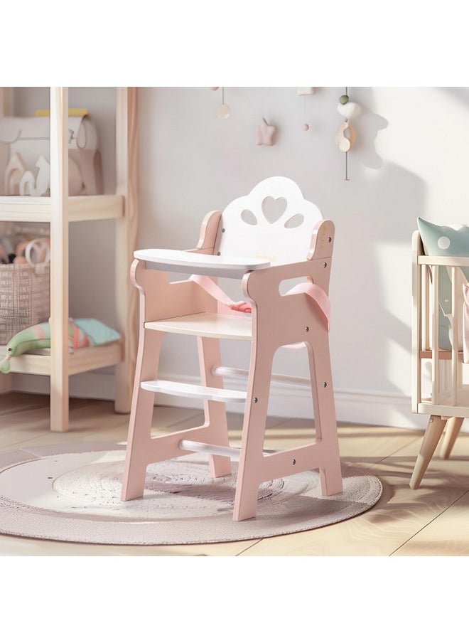 Baby Doll High Chair, Pretend Play High Chair With Seat Belt, Pink Wooden Baby Doll Accessories With Movable Tabletop, Fits 18-20 Inch Dolls