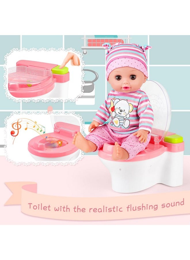 12 Inch Baby Doll Set 26 Pcs Doll Playset With Bathroom Sink,Toilet,Bathtub And Accessories,Pretend Play Doll Toys With Sound And Light For 3 4 5 6 7 8 Years Old Kids Girls Boys