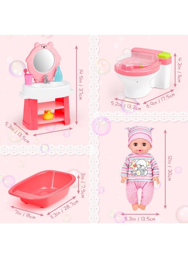 12 Inch Baby Doll Set 26 Pcs Doll Playset With Bathroom Sink,Toilet,Bathtub And Accessories,Pretend Play Doll Toys With Sound And Light For 3 4 5 6 7 8 Years Old Kids Girls Boys