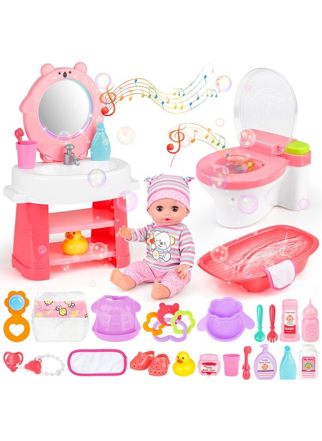 12 Inch Baby Doll Set 26 Pcs Doll Playset With Bathroom Sink,Toilet,Bathtub And Accessories,Pretend Play Doll Toys With Sound And Light For 3 4 5 6 7 8 Years Old Kids Girls Boys