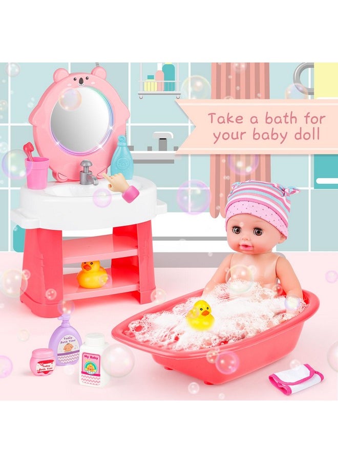 12 Inch Baby Doll Set 26 Pcs Doll Playset With Bathroom Sink,Toilet,Bathtub And Accessories,Pretend Play Doll Toys With Sound And Light For 3 4 5 6 7 8 Years Old Kids Girls Boys