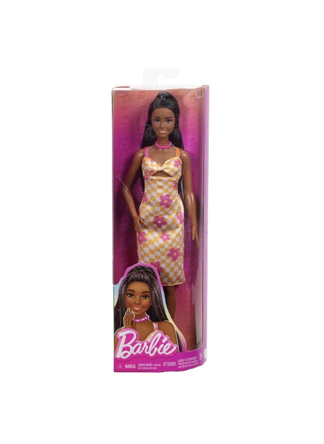 Barbie Fashionistas Flower Check Dress, Black Hair Doll (30 cm)