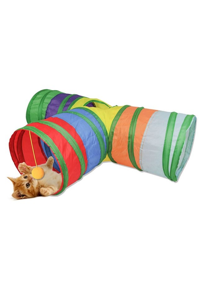 Andiker Cat Tunnel for Indoor Cats, Collapsible Y Shape Cat Tube Play Toy for Indoor Outdoor Puzzle Do More Exercising Hiding Training and Running with Fun Ball and 1 Hole (Rainbow)