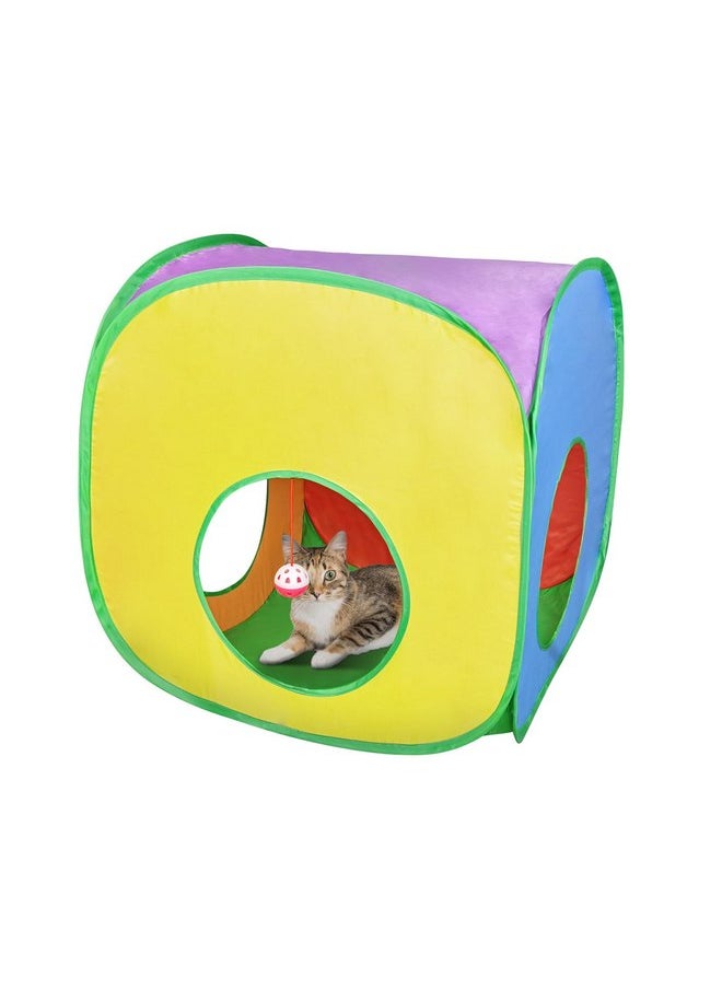 Andiker Cat Tunnel, Colorful Foldable Square Colorful Cat Pop Up Tent Matches with Most Cat Tubes Polyester Cat Tent with a Bell Ball 3 Holes Cat Tubes for Indoor Cat to Hide Play and Sleep (Square L