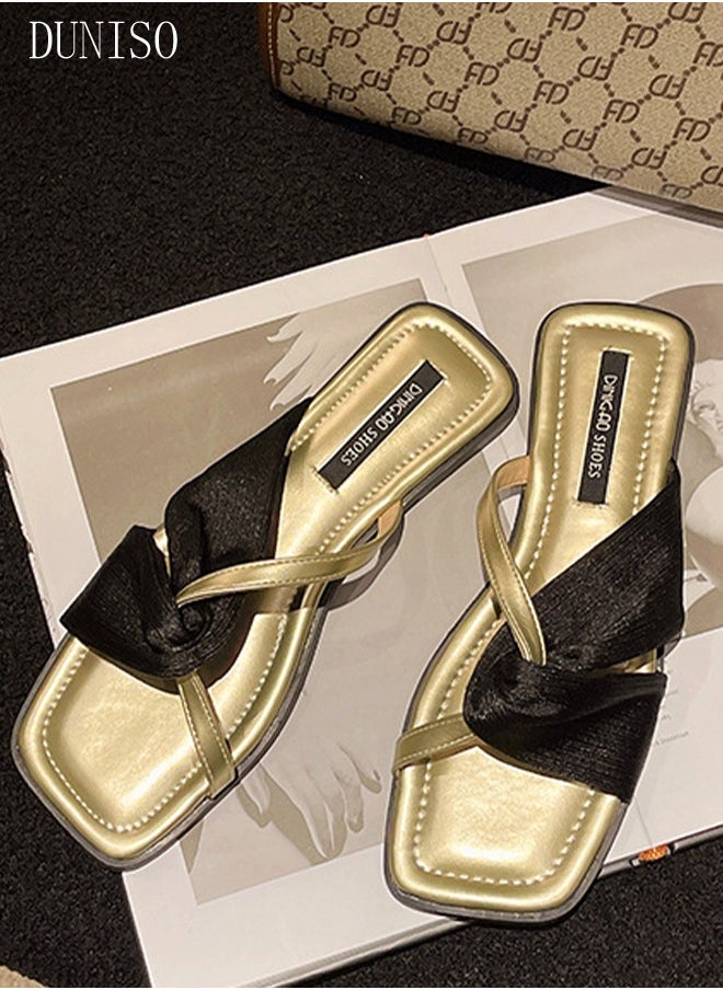 Women's Slip On Flat Sandals Square Open Toe Slide Sandals Comfortable Women Slippers Nonslip Backless Beach Slip for Indoor and Outdoor