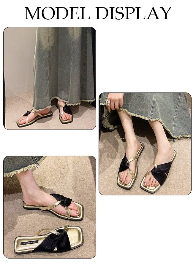 Women's Slip On Flat Sandals Square Open Toe Slide Sandals Comfortable Women Slippers Nonslip Backless Beach Slip for Indoor and Outdoor