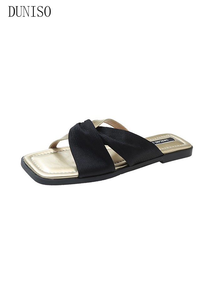 Women's Slip On Flat Sandals Square Open Toe Slide Sandals Comfortable Women Slippers Nonslip Backless Beach Slip for Indoor and Outdoor
