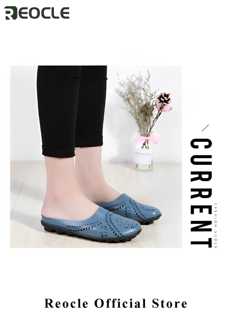 Women's Hollow Mule Sandals Casual All-Match Hollow Slippers Leather Loafer Flats Lightweight Comfy Slip-on Loafer Backless Slippers
