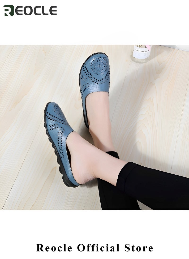 Women's Hollow Mule Sandals Casual All-Match Hollow Slippers Leather Loafer Flats Lightweight Comfy Slip-on Loafer Backless Slippers