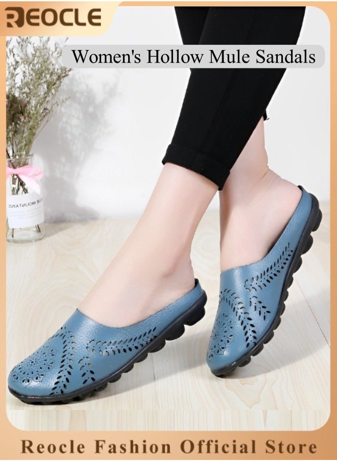 Women's Hollow Mule Sandals Casual All-Match Hollow Slippers Leather Loafer Flats Lightweight Comfy Slip-on Loafer Backless Slippers