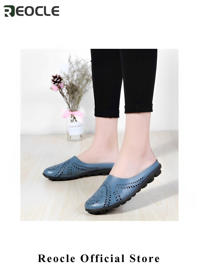 Women's Hollow Mule Sandals Casual All-Match Hollow Slippers Leather Loafer Flats Lightweight Comfy Slip-on Loafer Backless Slippers