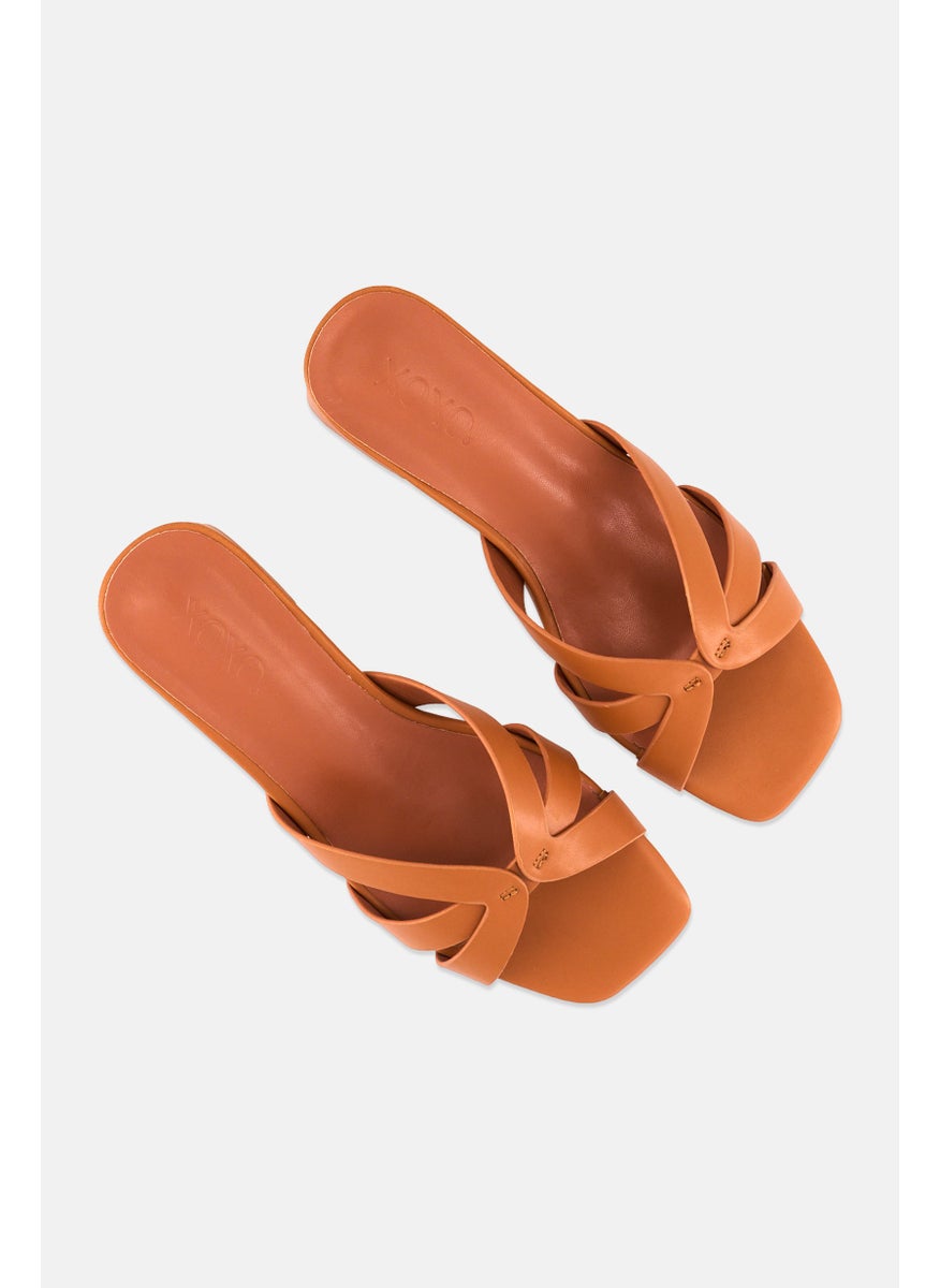 Women Criss Cross Strap Mid Heel Sandals, Dark Tan