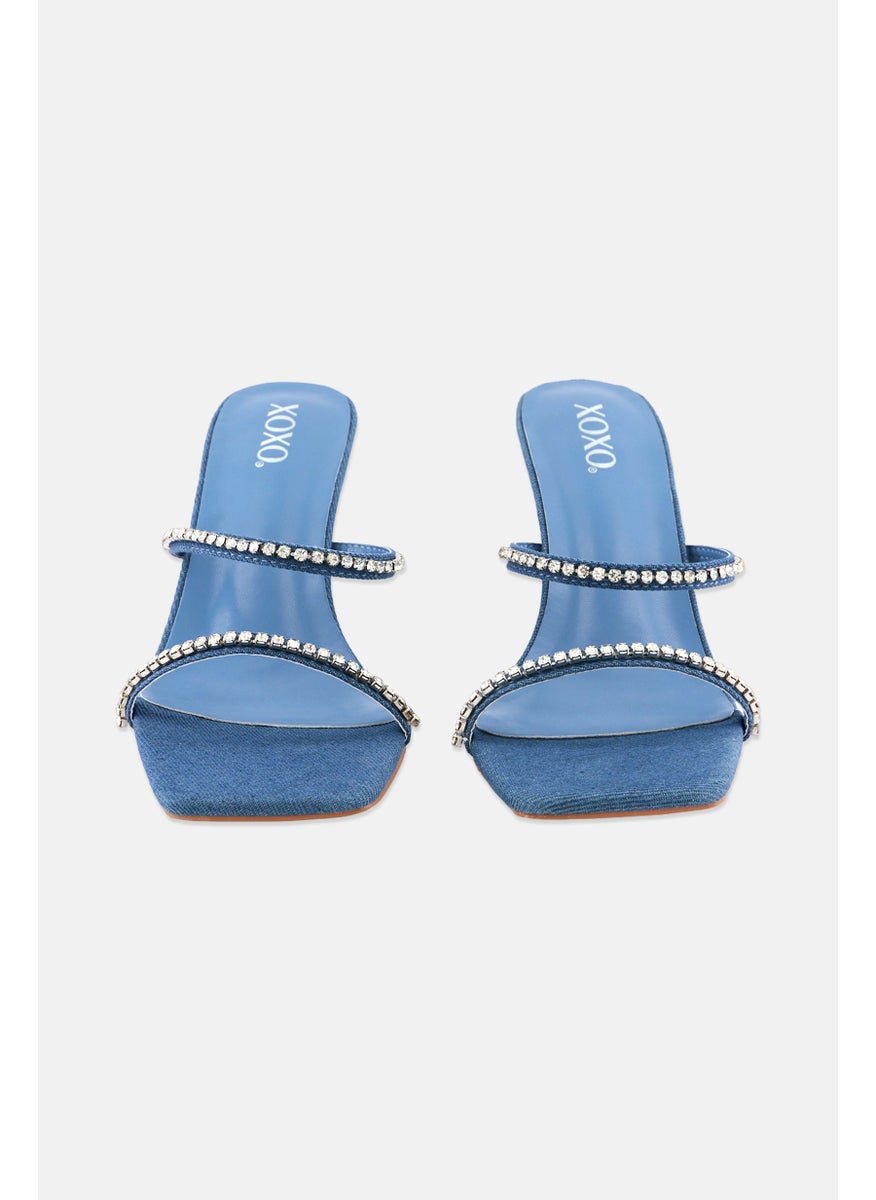 Women Slip On Rhinestone Strap Sandals, Denim Blue