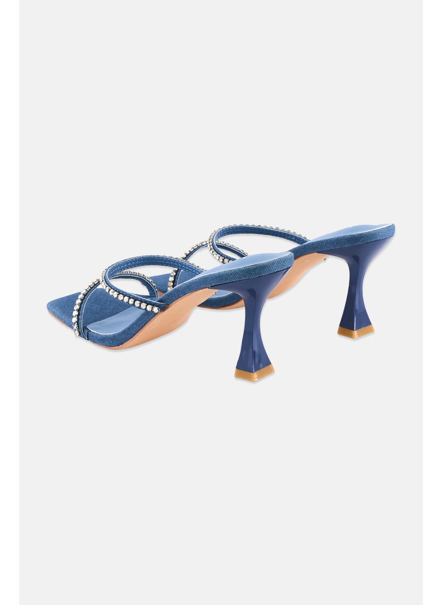 Women Slip On Rhinestone Strap Sandals, Denim Blue