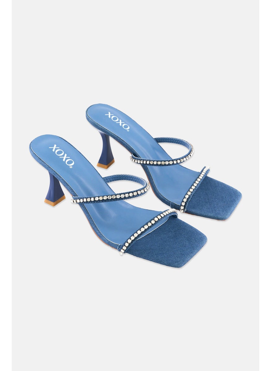 Women Slip On Rhinestone Strap Sandals, Denim Blue