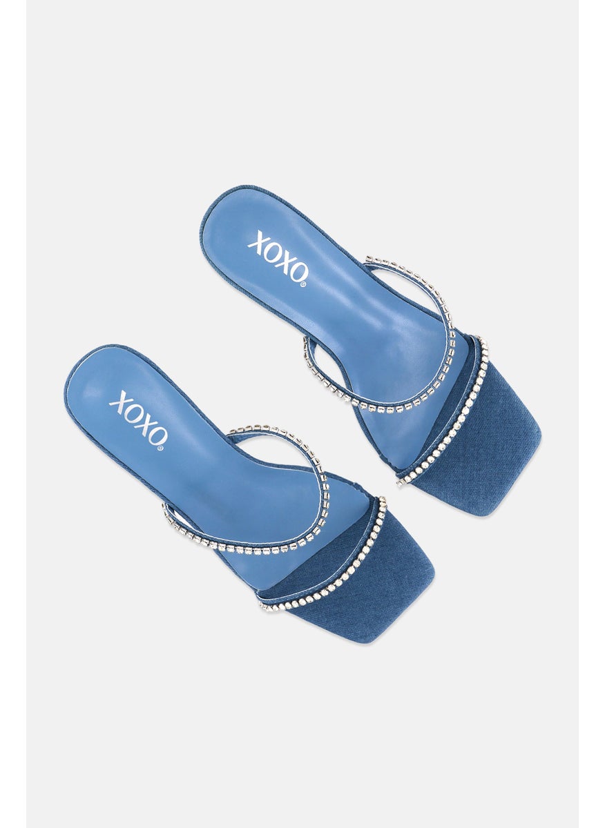 Women Slip On Rhinestone Strap Sandals, Denim Blue