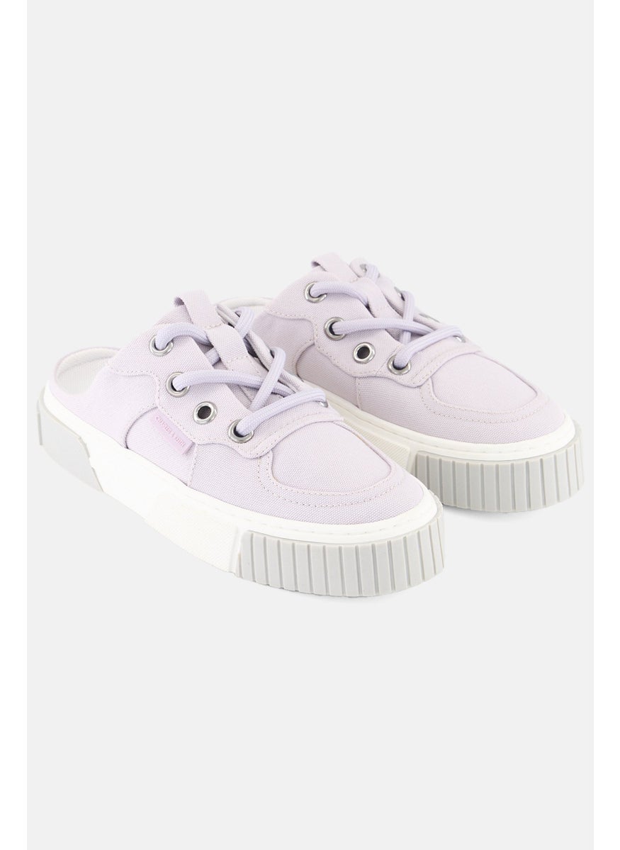 Women Canvas Panelled Lace Up Mules, Lavender