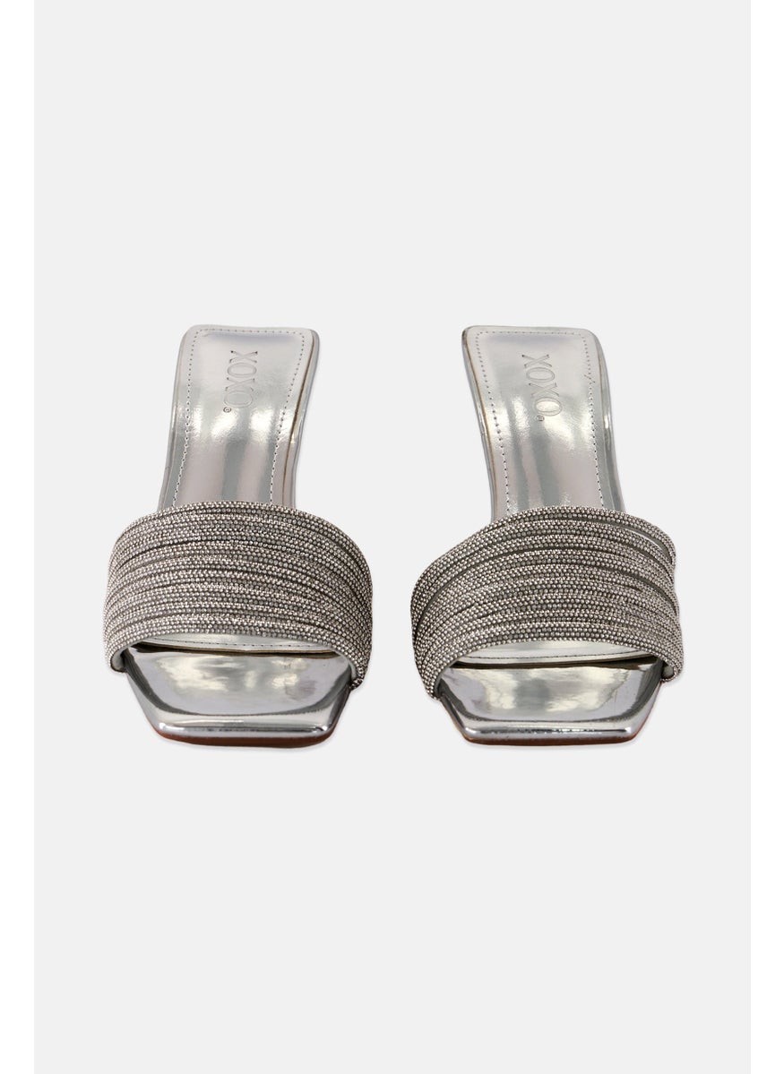 Women Slip On Crystal Embedded Heel Sandal, Silver
