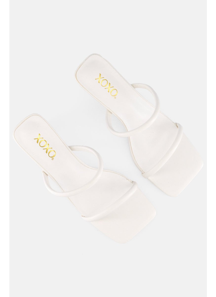 Women Slip On Square Toe Heel Sandals, White