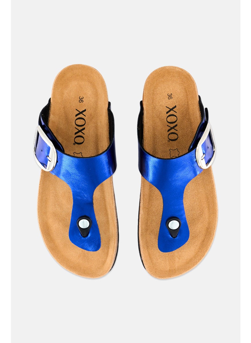 Women Slip On Cork Sandals, Metallic Blue