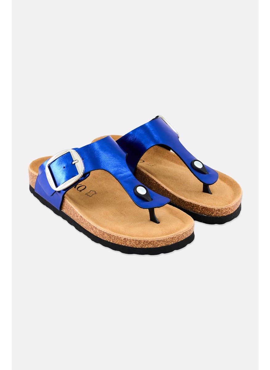 Women Slip On Cork Sandals, Metallic Blue
