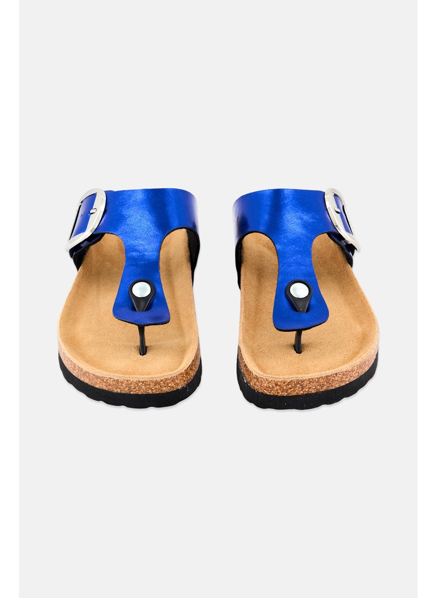 Women Slip On Cork Sandals, Metallic Blue
