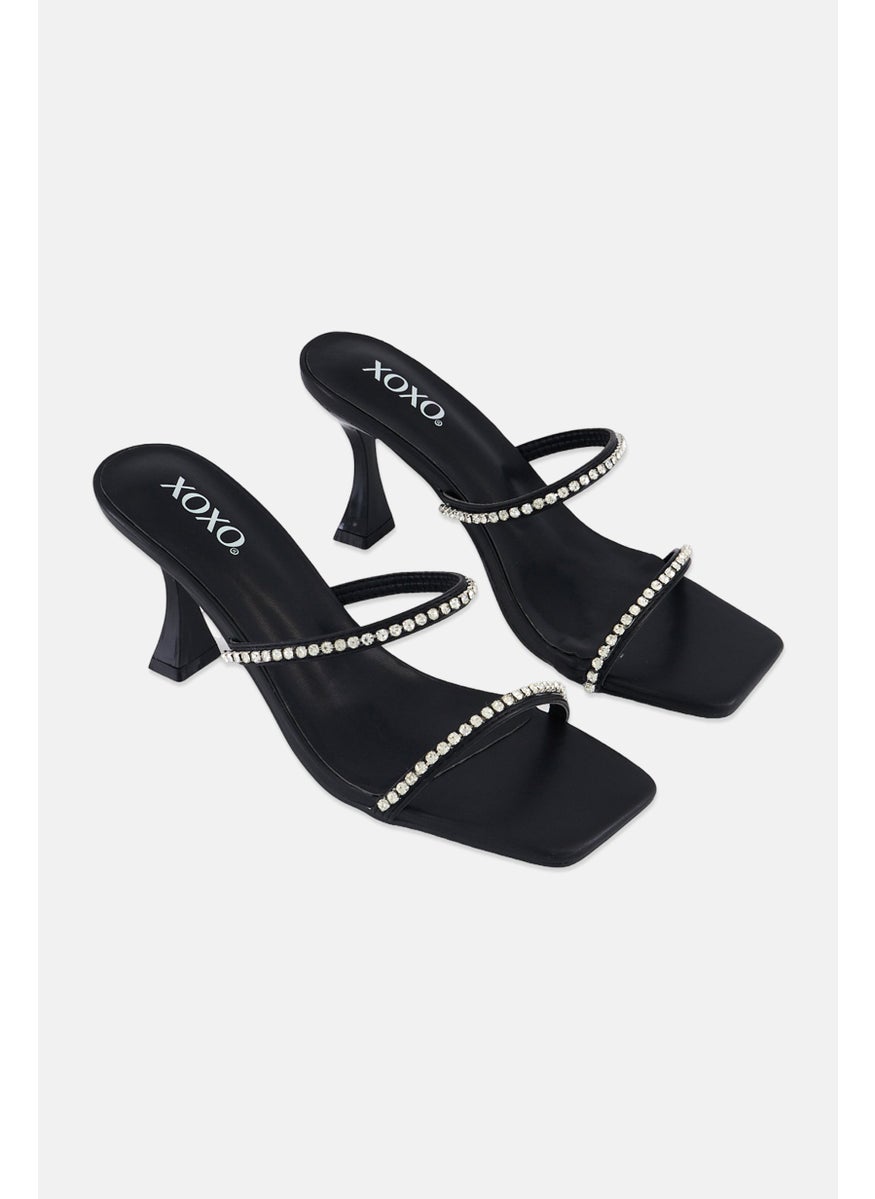 Women Slip On Rhinestone Strap Sandals, Black