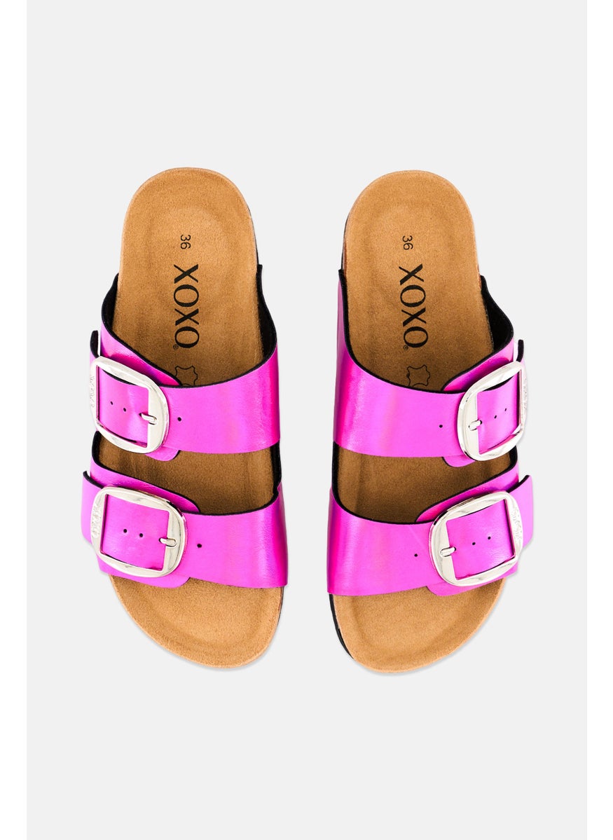 Women Slip On Cork Sandals, Metallic Fuchsia