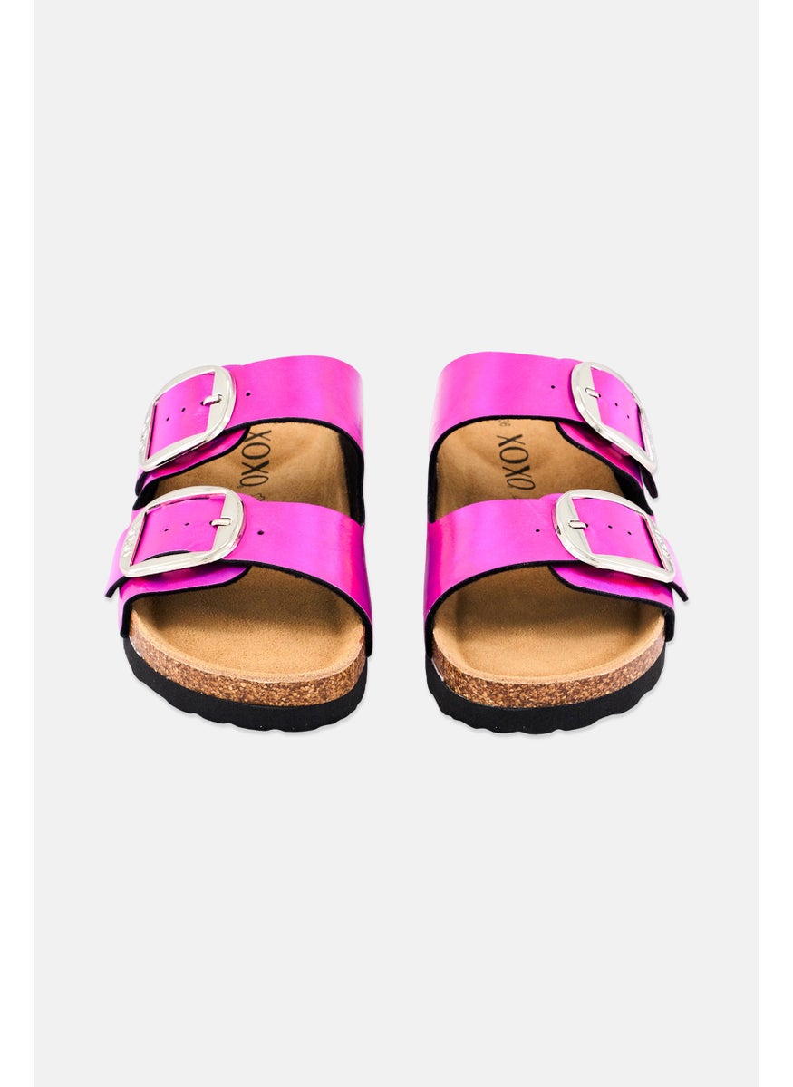 Women Slip On Cork Sandals, Metallic Fuchsia