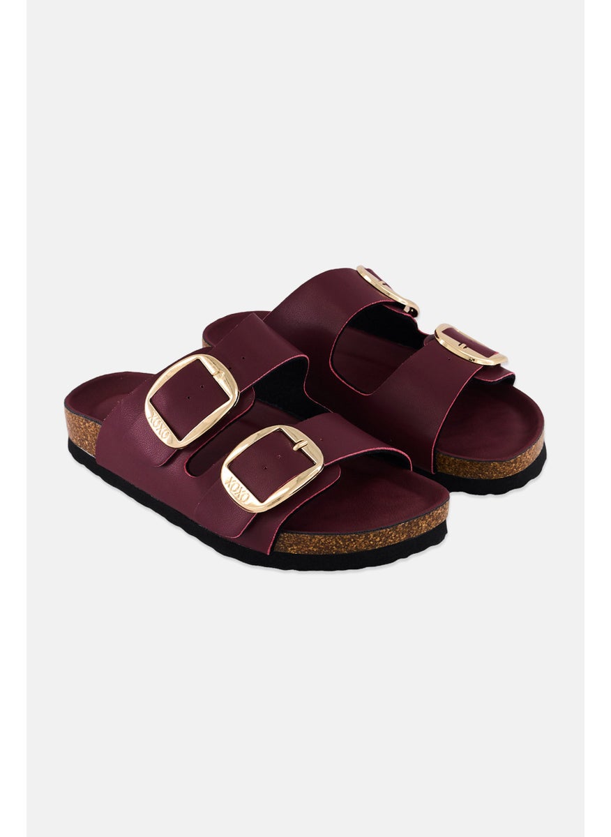 Women Big Buckle Slip On Slide Slipper, Maroon