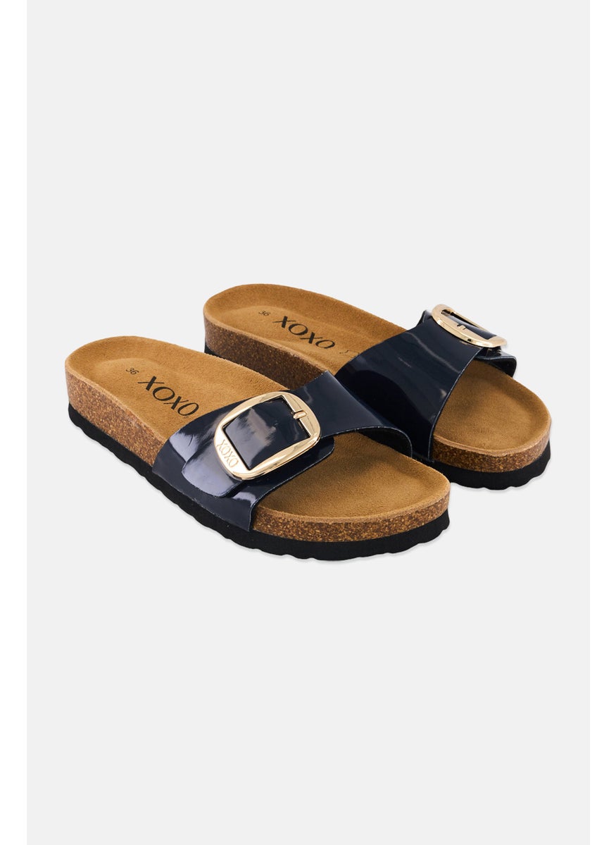 Women Slip On Open Toe Cork Sandals, Navy